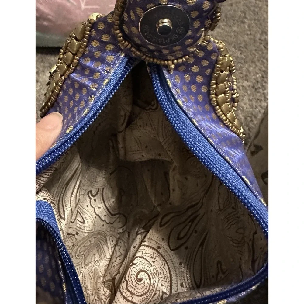 Fortune Cookie Bag Purse Wristlet Blue/Purple w/ Gold color Beads w/ Embroidery